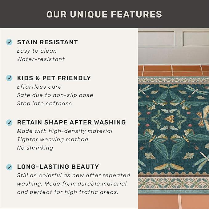 Hazo Haus Oriental Blue and Green Area Rugs for Living Room 6x9 - Insect & Butterfly Dining Table Rug, Bedroom Boys, Washable Non Skid Rubber Backed, Vintage Funky Home Décor