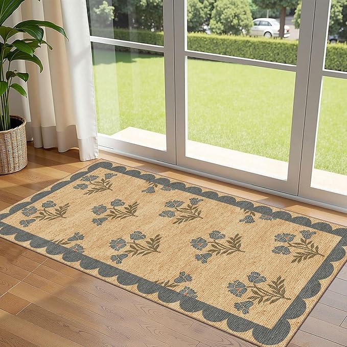 Front Door Mat Indoor Entrance - 2x4.3 Ft Blue Floral Washable Layered Doormat Outdoor Entrance Porch Rug Non-Slip Neutral Country Jute-Look Runner Rug for Kitchen Laundry Room Porch Decor