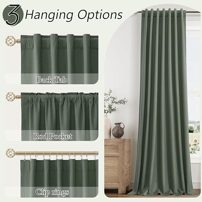 Guken Olive Green 100% Blackout Curtains 96 Inch Length 2 Panels Set for Living Room Bedroom Back Tab Thermal Insulated Black Out Linen Drapes Room Darkening Window Curtains 96 Inches Long