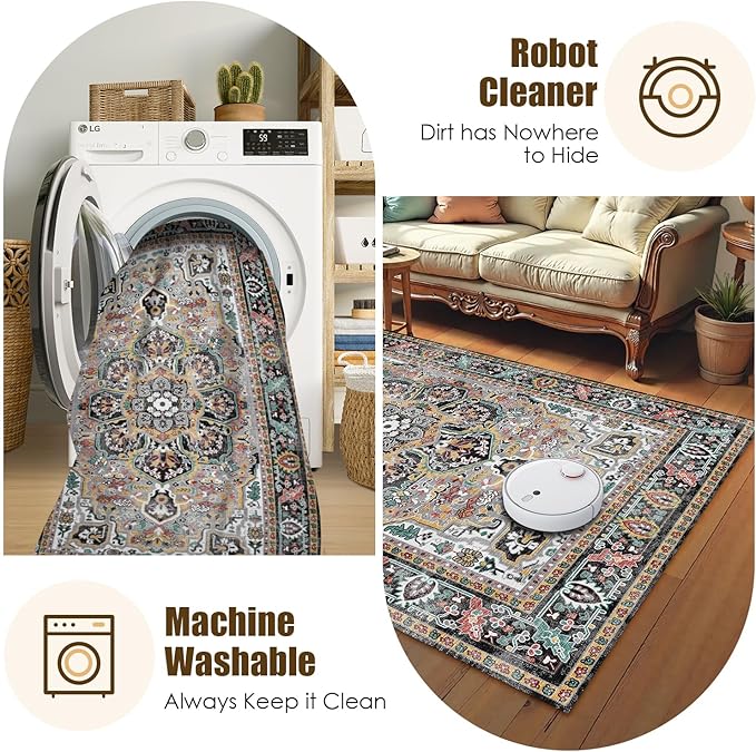 Washable Area Rug 5' x 7' Vintage Traditional Persian Mat - Foldable Distressed Non-Slip Machine Washable Carpet for Living Room Bedroom Kitchen Home Decor - Slate and Multicolor
