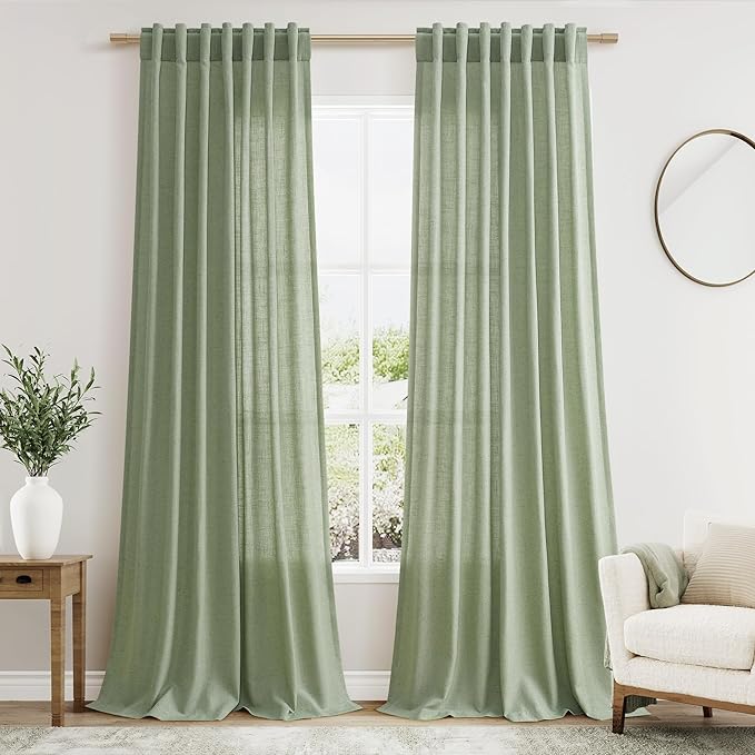 Nanspring Light Sage Linen Curtains 90 Inch Long 2 Panels Set for Bedroom Living Room Light Sage Linen Textured Window Drapes Semi Sheer Light Filtering Rod Pocket Back Tab Farmhouse Curtain 52x90