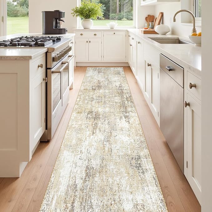 Washable Area Rugs 2'x10' Non-Slip Modern Abstract Soft for Living Room Entryway Bedroom Nursery, Print Pattern, Neutral Brown Gray