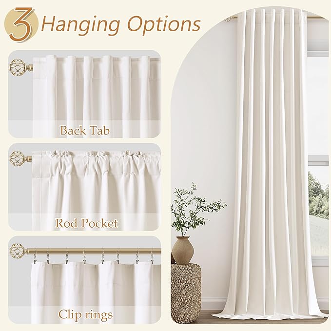 Ivory 100% Blackout Linen Curtains 63 Inch Length 2 Panels Set for Living Room Bedroom Back Tab Thermal Insulated Black Out Drapes Room Darkening Farmhouse Style for Bedroom Window Curtains 52x63