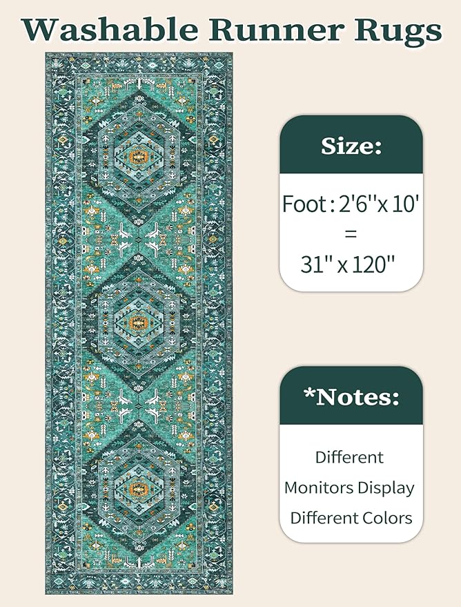 SERISSA Boho Washable Runner Rug, 2'6"x10' Long Rug Runner Non-Slip Vintage Teal Hallway Kitchen Stair Runner Rug Ultra Soft Print Distressed Floor Carpet Runner for Bedroom Bathroom Laundry Room