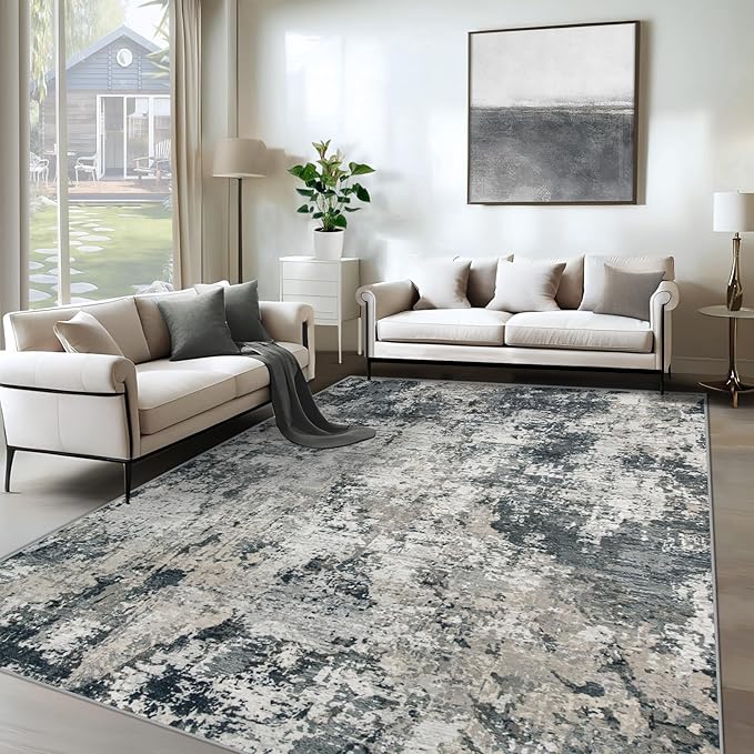 XLUEZ 6x9 Area Rugs for Living Room, Washable Modern Abstract Large Area Rug Neutral Soft Non Slip Kids Rug Stain Resistant Indoor Carpet for Bedroom Nursery Dining Room Playroom(GreyWhite, 6'x9')
