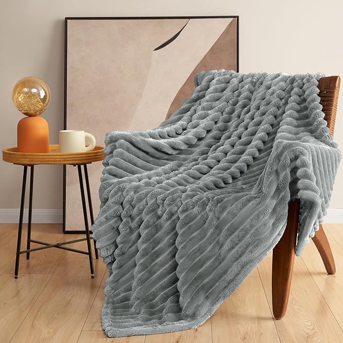 HIMEET Grey Ribbed Queen Size Blanket for Bed - 300GSM Lightweight Fleece Blanket for Men Women, Large Cozy Sofa Couch Cover Bed Blankets Gifts, Striped Spring Home Room Decor, Grey, 90x90 Inches