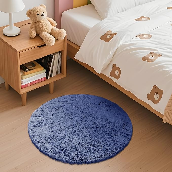 OLANLY Denim Blue Round Rugs for Bedroom - Machine Washable, 2 ft Circle Area Rugs for Living Room, Soft and Fluffy Shaggy Carpet for Teen Girl and Boys, Nursery Rooms, Dorms, Home Decor Aesthetic