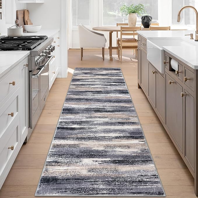 Lansny Modern Abstract Runner Rug 3x8, Grey Black Multi Washable Kitchen Runner Non-Slip Soft Hallway Rug Runner Thin Print Faux Wool Carpet for Entryway Bedroom Laundry Room Indoor Home Office Decor
