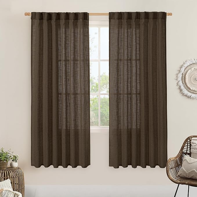LAMIT Linen Curtains 68 Inch Length 2 Panels, Light Filtering Panels Back Tab and Rod Pocket Neutral Drapes for Bedroom/Window/Living Room, Dark Brown, 52 x 68 Inch