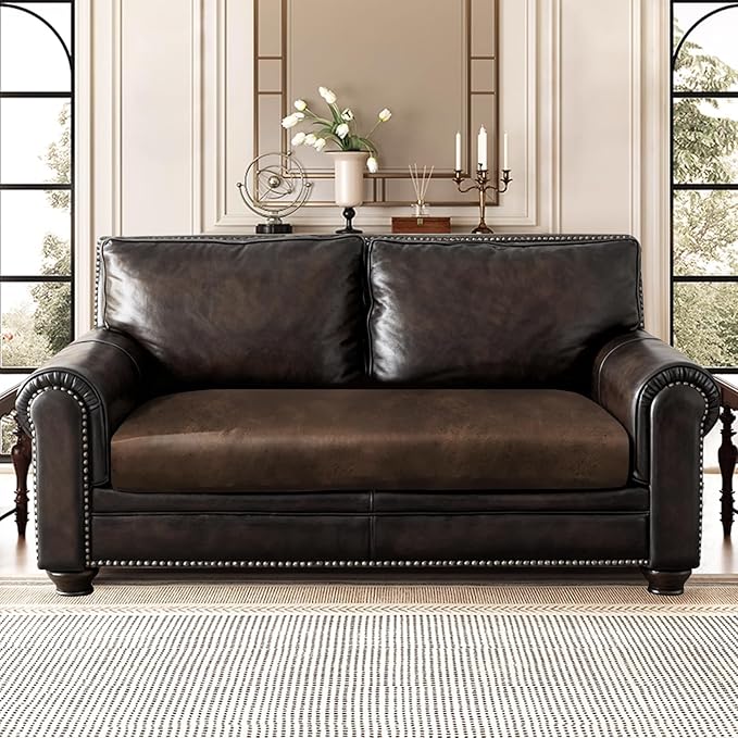 Leather Look Couch Cushion Covers Sofa Seat Slipcovers Sets Couches Furniture Protector for Sectional Armchair Loveseat Pets Kids Stretch Spandex Fabric (1 Cushion Loveseat, Brown)