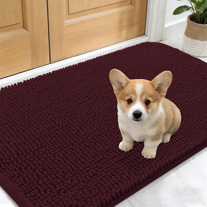 OLANLY Dog Door Mat for Muddy Paws 30x17, Absorbs Moisture and Dirt, Absorbent Non-Slip Washable Doormat, Quick Dry Chenille Mud Mat for Dogs, Entry Indoor Entryway Carpet for Inside Floor, Russet