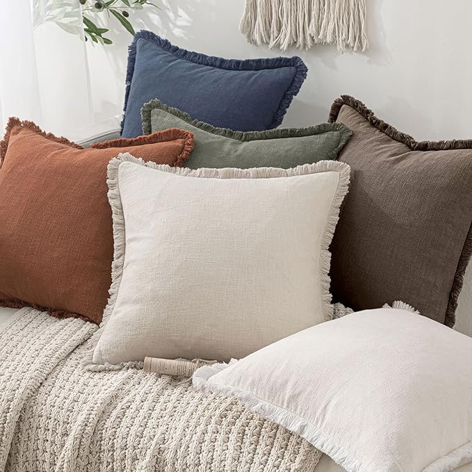 MIULEE Decorative Throw Pillow Covers Neutral Linen Fringe Throw Pillows Set of 2 Natural Coffee Boho Farmhouse Cushion Covers with Tassels for Couch Sofa Bed Living Room Spring Decor 18x18 Inch