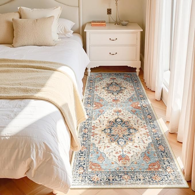 RELEANY Area Rugs 3'x8' Runner Rug Non Slip Washable for Kitchen Hallway Bedroom Beside Laundry Room Bathroom Rug, Floor Carpet, Beige Navy Blue Orange Colorful