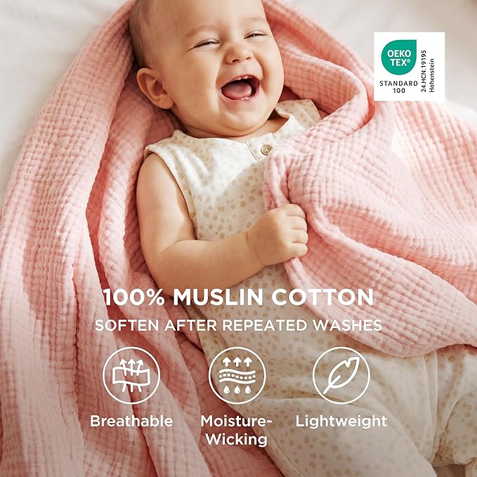 Bedsure 100% Cotton Muslin Blankets for Adults Large Throw 50x70 Inches - 4-Layer Breathable and Lightweight, Soft Boho Gauze Muslin Cotton Blanket for Couch Decor Travel Summer, Pink