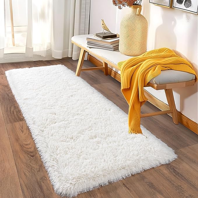 Ultra Soft Runner Rugs for Bedroom Hallways with Upgraded Non-Slip Rubber Backing & Thick Memory Sponge, 2x8 Feet Fluffy Shag Throw Area Rug for Bedside Dorm Cream