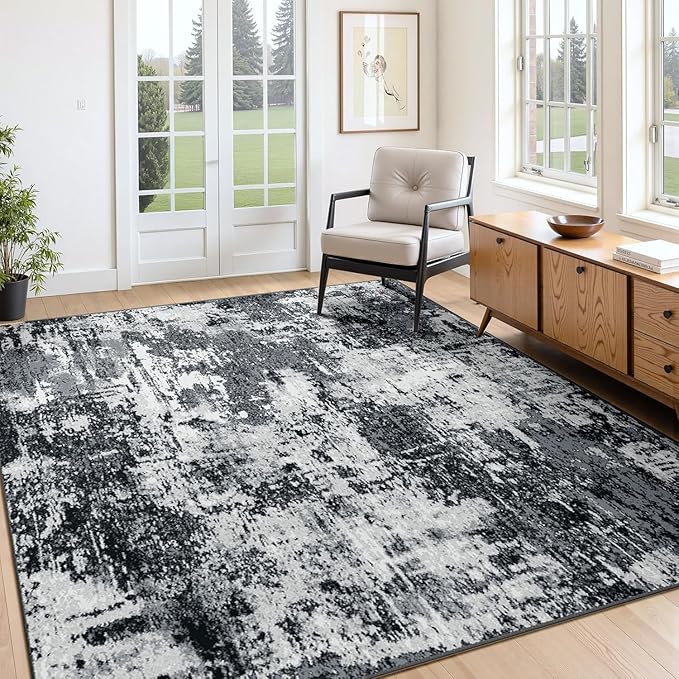 Washable Area Rugs Square 7ft Non-Slip Modern Abstract Soft for Living Room Entryway Bedroom Nursery, Print Pattern, Black Navy Blue Gray