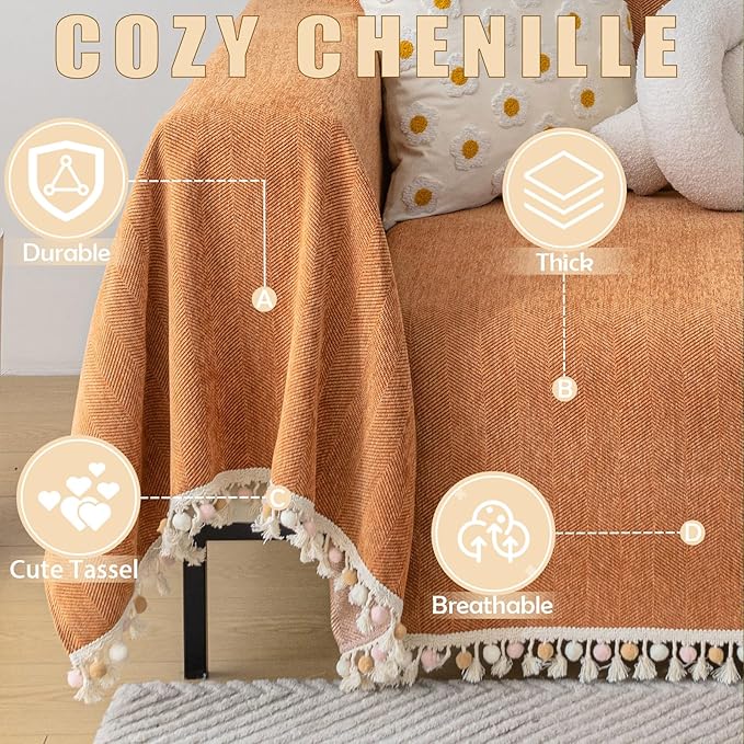 HANDONTIME Dark Orange Sofa Covers Couch Cover for Dogs Colorful Tassel Lovetseat Cover Pet Couch Cover Bohemian Sofa Cover for Couch Vintage Boho Couch Covers Futon Cover Pet-Friendly, 91" X134"
