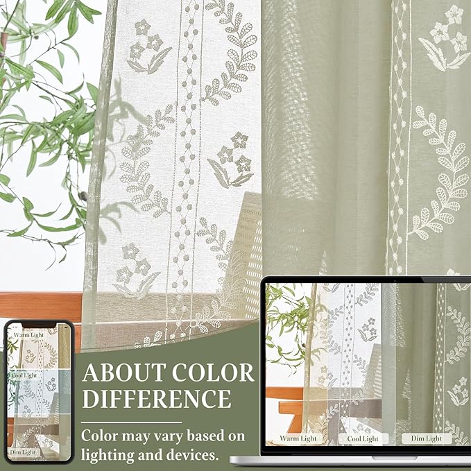 jinchan Belrose Sage Green Floral Sheer Curtains for Living Room 96 Inch Long Voile Embroidered Farmhouse Curtains for Bedroom Ivory Flower Patterned Rod Pocket Window Treatments, 2 Panels Green