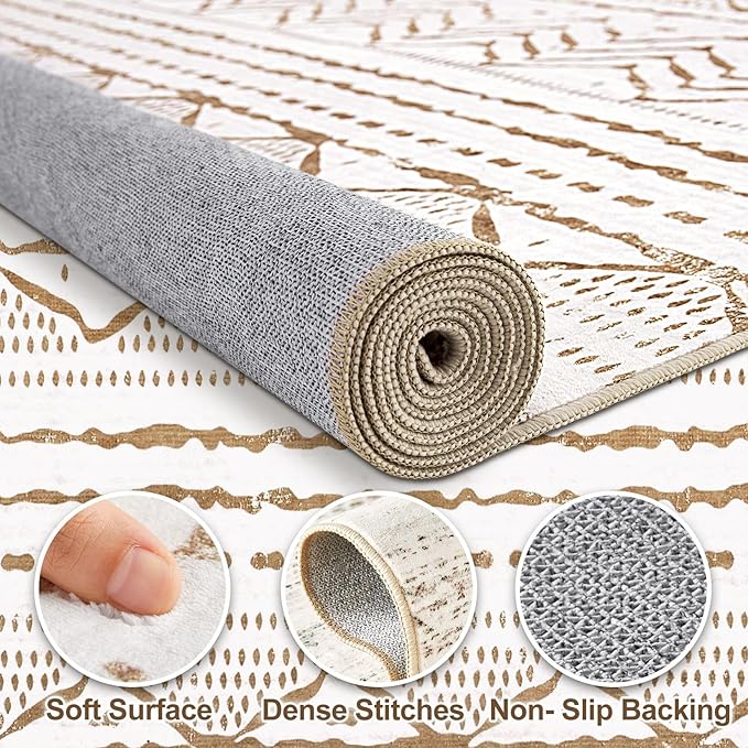 Nakagishi 7x9 Area Rugs Living Room: Washable Boho Large Neutral Soft Farmhouse Rug Stain Resistant Modern Indoor Floor Non-Slip Carpet for Bedroom Nursery Playroom Office Dining Dorm- White Brown
