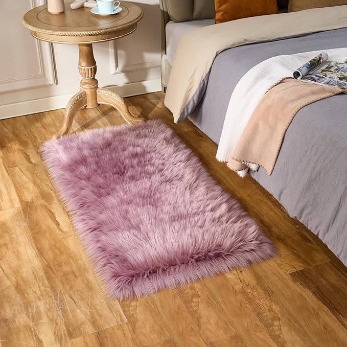 EasyJoy Ultra Soft Fluffy Shaggy Area Rug Faux Fur Rug Chair Cover Seat Pad Fuzzy Area Rug for Bedroom Floor Sofa Living Room (2 x 4 ft Rectangle, Light Purple)