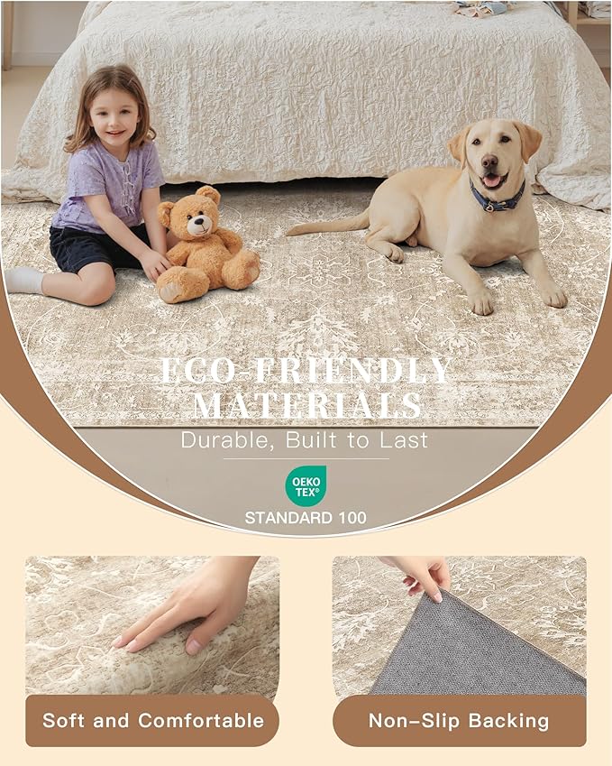 Madane Runner Rug 2x8 for Hallway, Kitchen Non-Slip Runner Rug with Rubber Backing, Vintage Soft Low Pile Throw Neutral Carpet Runner for Laundry Room Entryway Bathroom Bedroom (2 x 8, Beige/Brown)
