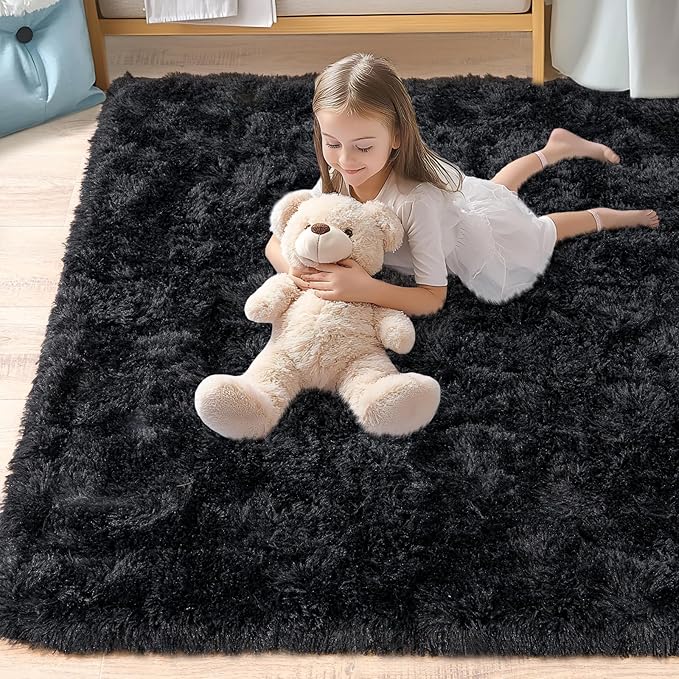 Pionblank 8x10 Rug for Living Room, Fuzzy Plush Large Area Rug, Fluffy Modern Shag Non Slip Soft Furry Carpet for Bedroom Kids Room Nursery Teens Dorm Home Decor, Black