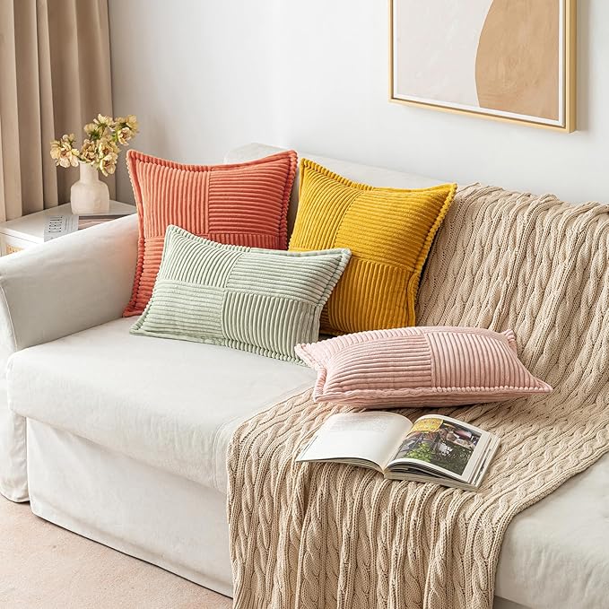 MIULEE Decorative Throw Pillow Covers for Couch Bed Livingroom 20x20 Inch Set of 2 Coral Red Boho Accent Throw Pllows Broadside Striped Patchwork Soft Corduroy Summer Pillowcases