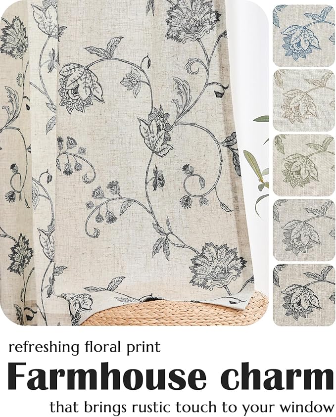 Jinchan Linen Floral Curtains 63 Inch Length for Living Room & Bedroom - Light Filtering Rod Pocket Back Tab Jacobean Curtains Flax Linen Texture Window Drapes Set 2 Panels Black on Linen