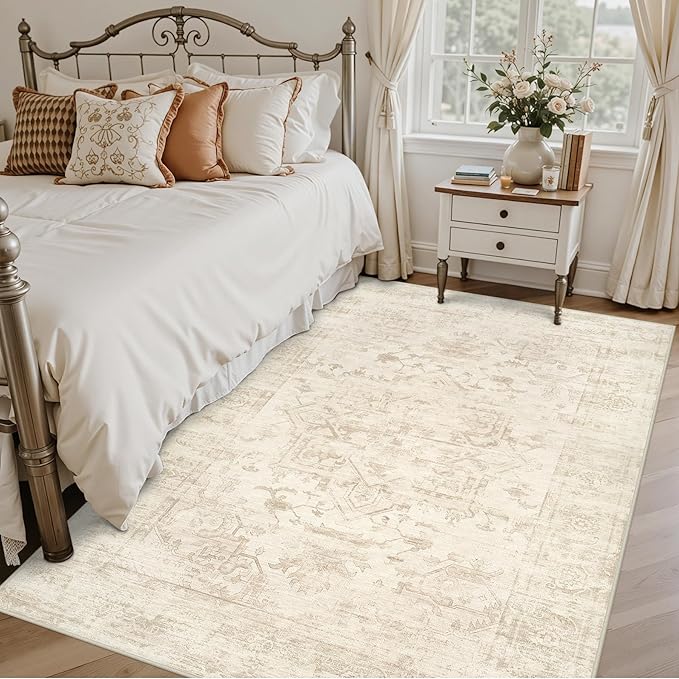 6x9 Area Rugs for Living Room: Vintage Boho Neutral Washable Rug Indoor Soft Large Area Rug Carpet for Bedroom Nursery Farmhouse Dining Room Office Floor Non-Slip Low Pile Under Table Rug Beige/Brown
