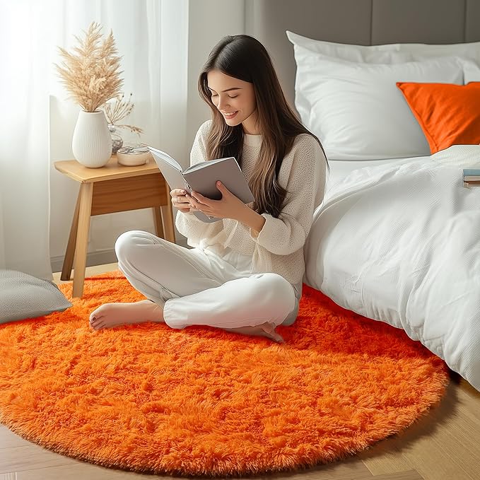 ONASAR Orange Round Rugs 5ft for Bedroom Living Room, Fluffy Circle Area Rug for Kids Girls Boys Teen, Soft Plush Shaggy Carpet for Nursery Dorm Classroom Playroom Home Decor Aesthetic