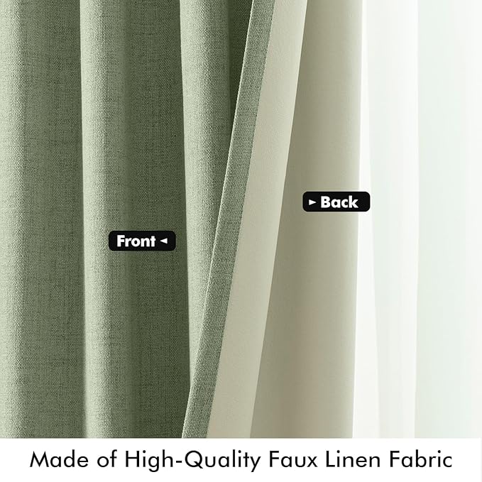 MIULEE 100% Blackout Linen Curtains for Bedroom, Sage Green Solid Luxury Decor Thermal Insulation Room Darkening Drapes for Living Room Nursery Back Tab Rod Pocket 42 x 72 Inches, 2 Panels
