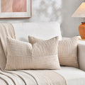 Fancy Homi 2 Packs Tan Lumbar Decorative Throw Pillow Covers 20x28 Inch for Living Room Couch Bed Sofa, Boho Home Decor, Soft Striped Corduroy Rectangle Accent Beige Cushion Case 50x70 cm