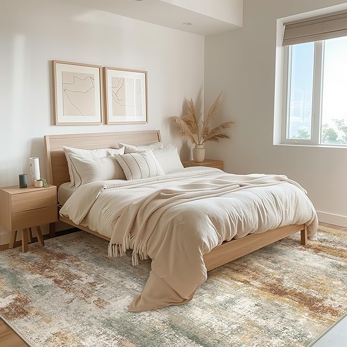 Area Rugs 5x8 for Living Room Bedroom, Modern Abstract Machine Washable Rug, Large Soft Low Pile Floor Carpet with Non Slip Backing for Dining Room, Orange Green