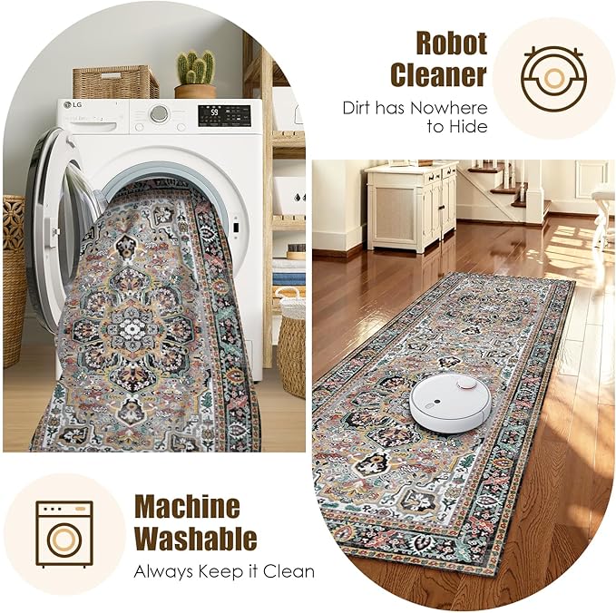 Washable Area Rug 2'6'' x 8' Vintage Traditional Persian Mat - Foldable Distressed Non-Slip Machine Washable Carpet for Living Room Bedroom Kitchen Home Decor - Slate and Multicolor