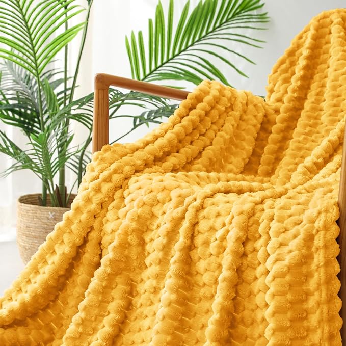 Exclusivo Mezcla Fleece King Blanket for Bed, Extra Large Fuzzy Mustard Yellow Bed Blankets, Soft Cozy Plush Sofa Throws for All Seasons, 90x104 Inches