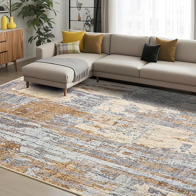 Toneed Abstract Area Rug Modern Washable Rug Soft Non Slip Rug Low Pile for Bedroom Living Room Dining Room Camel 5x7 Feet