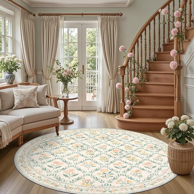 Round Area Rug for Living Room: 6 ft Floral Washable Circle Rug Soft Non-Slip Carpet Indoor Stain Resistant Low Pile Small Circular Rug for Bedroom Entryway Kitchen Nursery Home Office Beige/Multi