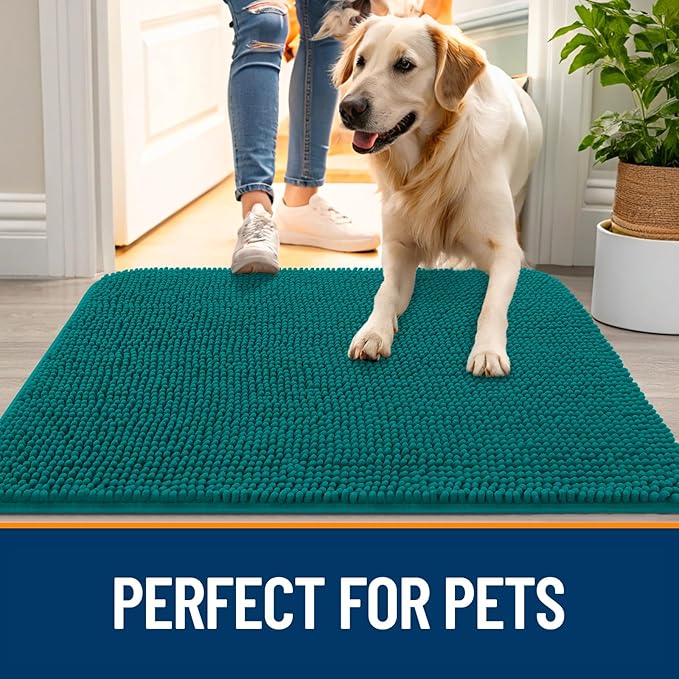OLANLY Dog Door Mat for Muddy Paws 30x17, Absorbs Moisture and Dirt, Absorbent Non-Slip Washable Doormat, Quick Dry Chenille Mud Mat for Dogs, Entry Indoor Entryway Carpet for Inside Floor, Lake Blue
