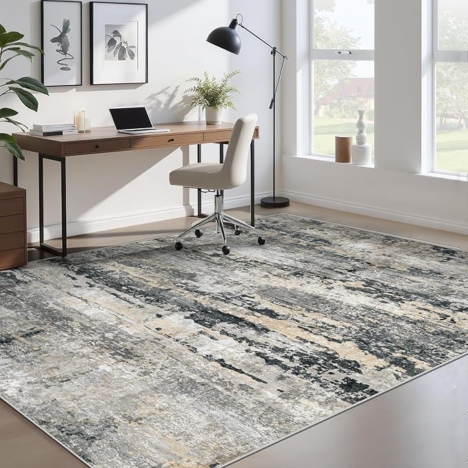 Area Rugs 5x7 for Living Room: Washable Rug Modern Abstract Neutral Soft Non-Slip Low-Pile Indoor Carpet for Bedroom Dining Room Playroom Home Office (Black Grey Brown, 5'x7')