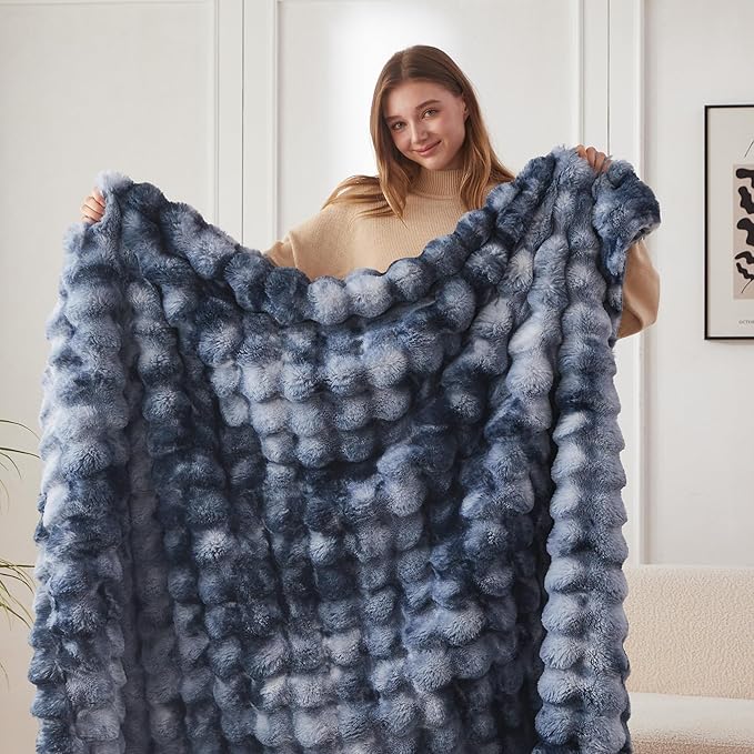 COOVA Faux Fur Throw Blanket for Couch, Cozy Soft and Fuzzy Plush Rabbit Fur Bubble Blanket for Sofa Bedroom Living Room, 50x60 Inches Tie Dye Light Blue