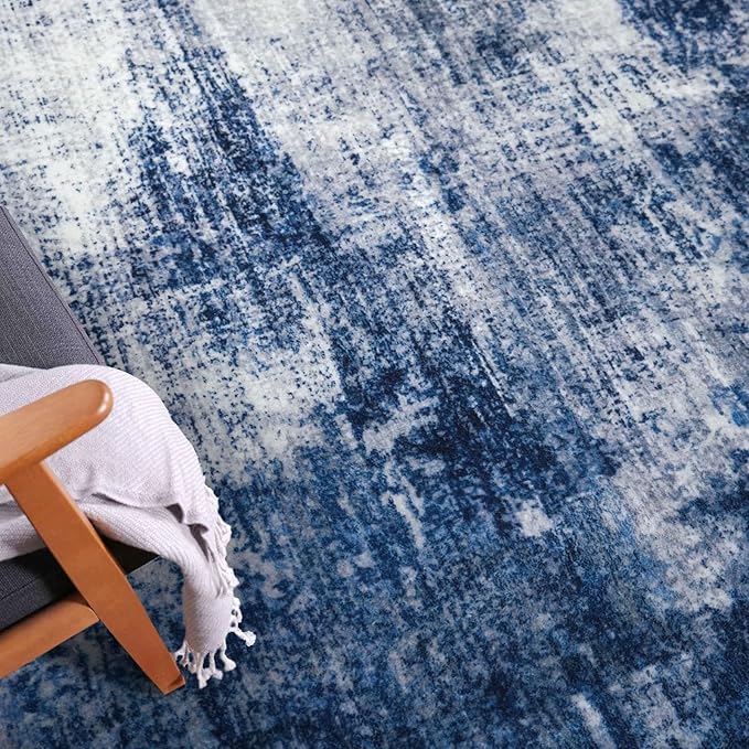 IOHOUZE Abstract Area Rugs 6x9 Ft Washable Rugs for Living Room, Non Slip Dining Room Rug, Printed Faux Wool Rugs for Bedroom, Floor Carpet for Office Nursery Playroom, Navy/Grey