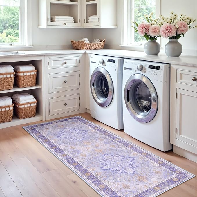 Area Rugs 2'x6' Runner Rug Non Slip Washable for Kitchen Hallway Bedroom Beside Laundry Room Bathroom Rug, Floor Carpet, Light Purple Brown