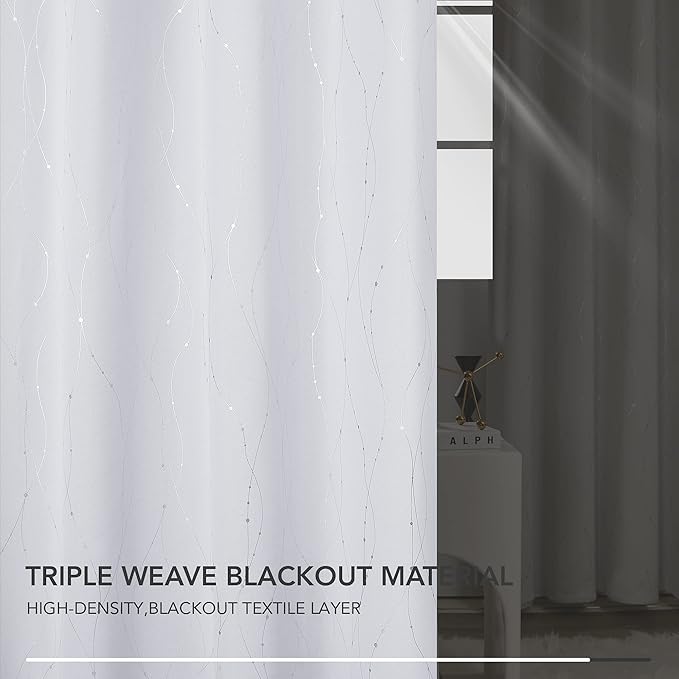 Deconovo Living Room Curtains, Room Darkening Drapes, Thermal Insulated Soundproof Grommet Drape, Silver Wave Dot Print, 42 x 95 Inch Long, Machine Washable Window Panels for Sliding Door, Set of 2