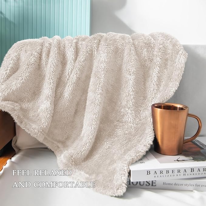 Exclusivo Mezcla Plush Fuzzy Fleece Throw Blanket Extra Large, Super Soft, Fluffy and Warm Blankets for Couch, Bed, All Season (Beige, 50x70 inches)