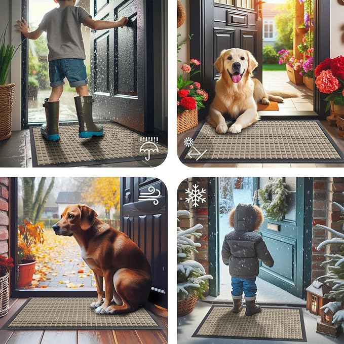 Smiry Front Door Mat Outside Entrance, Heavy Duty Natural Rubber Doormat, Non Slip, Trap Dirt and Moisture, Easy Clean, Low Profile Welcome Floor Mats for Indoor Outdoor Entry, 71x23 Inch, Beige