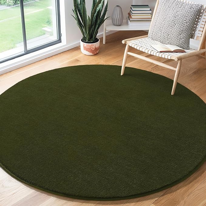 Amearea Olive Green Round Area Rugs 5ft Washable Circle Rugs for Bedroom Living Room, Fluffy Indoor Thickened Memory Foam Rug, Non Slip Minimalist Circular Carpet for Kids Boy Girl Dorm Nursery Room