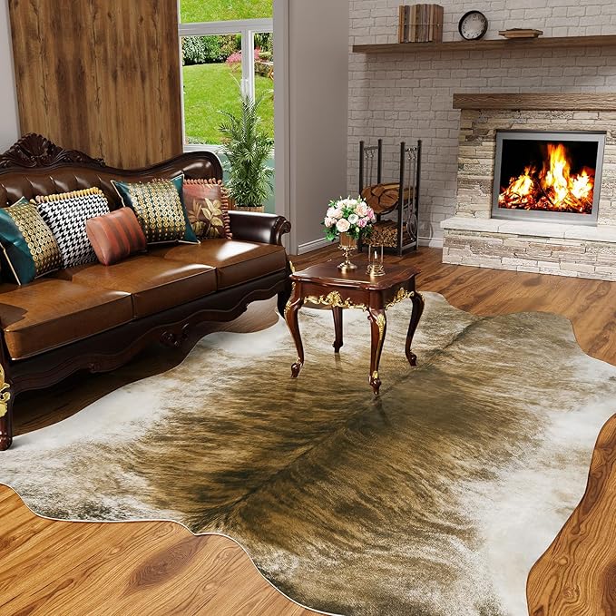 AROGAN Western Decor Faux Fur Cowhide Rug, 7 x 6.2 Feet Premium Animal Skin Cow Hide Rug, Durable Cow Print Rugs for Wall Decor, Western Floor Carpet for Bedroom Living Room, Brownish