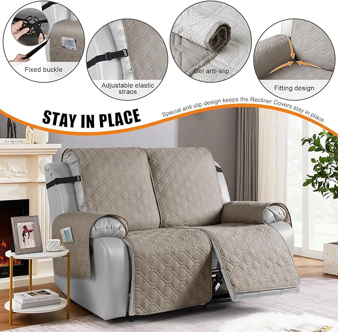 VANSOFY Waterproof Recliner Couch Covers, Sofa Covers 1-Piece Washable Reclining Sofa Cover Non-Slip Furniture Protector with Elastic Straps Pocket for Dogs, Pets(Khaki,Oversized 2 Seater)