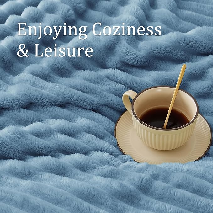 BEDELITE Fleece Blue Throw Blanket for Couch - 300GSM Soft & Warm Fluffy Blue Blanket, Decorative and Giftable Striped Blankets for Women, Men, 50"x60"