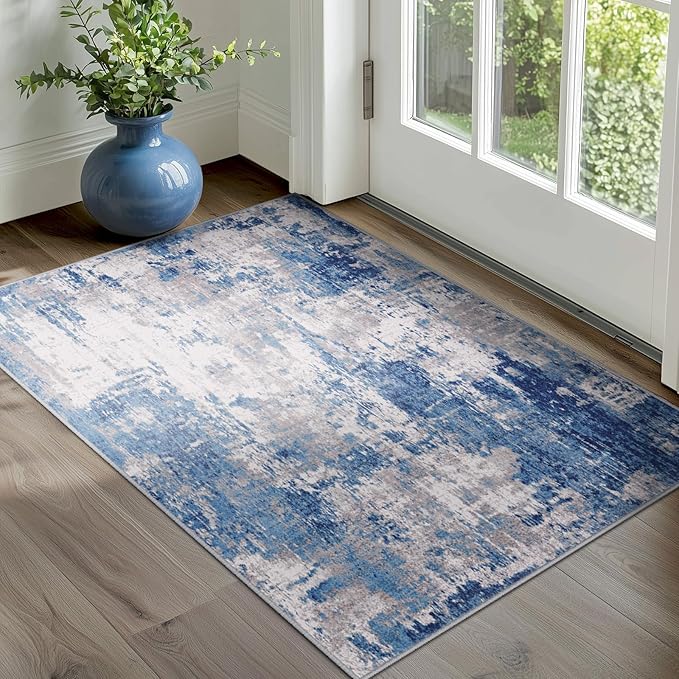 Washable Area Rugs 4'x5' Non-Slip Modern Abstract Soft for Living Room Entryway Bedroom Nursery, Print Pattern, Blue Grey Navy Gray